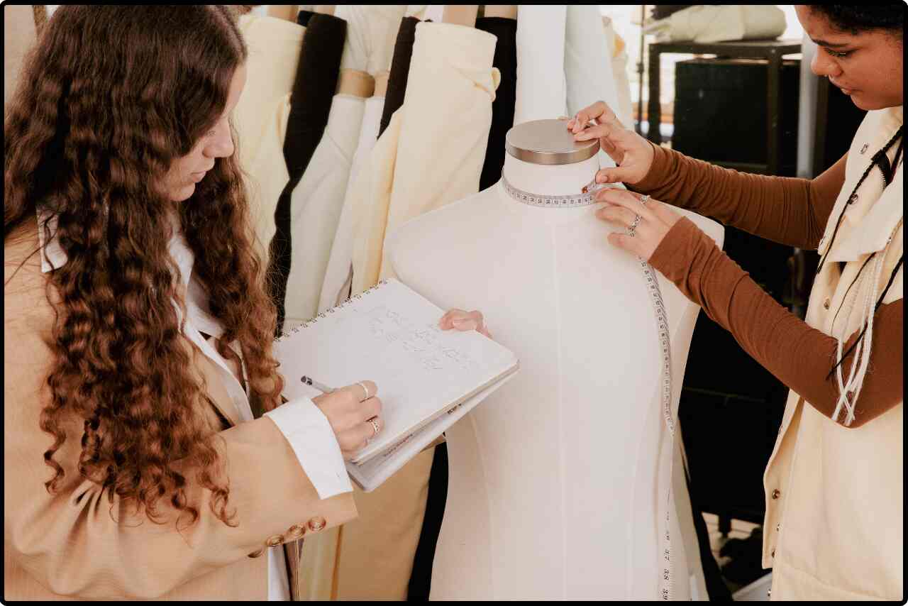 Fashion designers taking measurements of a model in a studio.